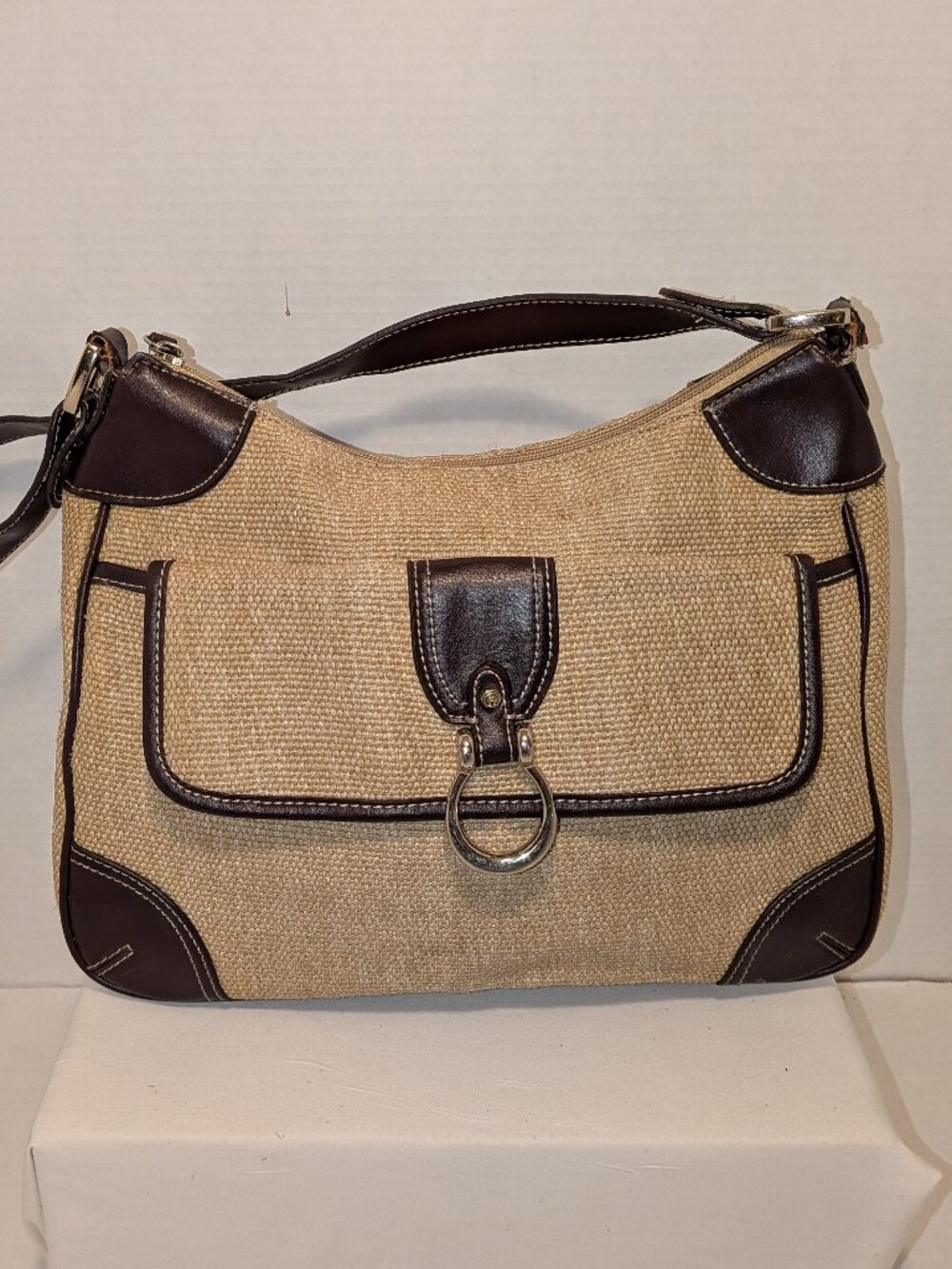 Vintage Etienne Aigner Woven Straw Handbag With Dark Brown Leather Trim